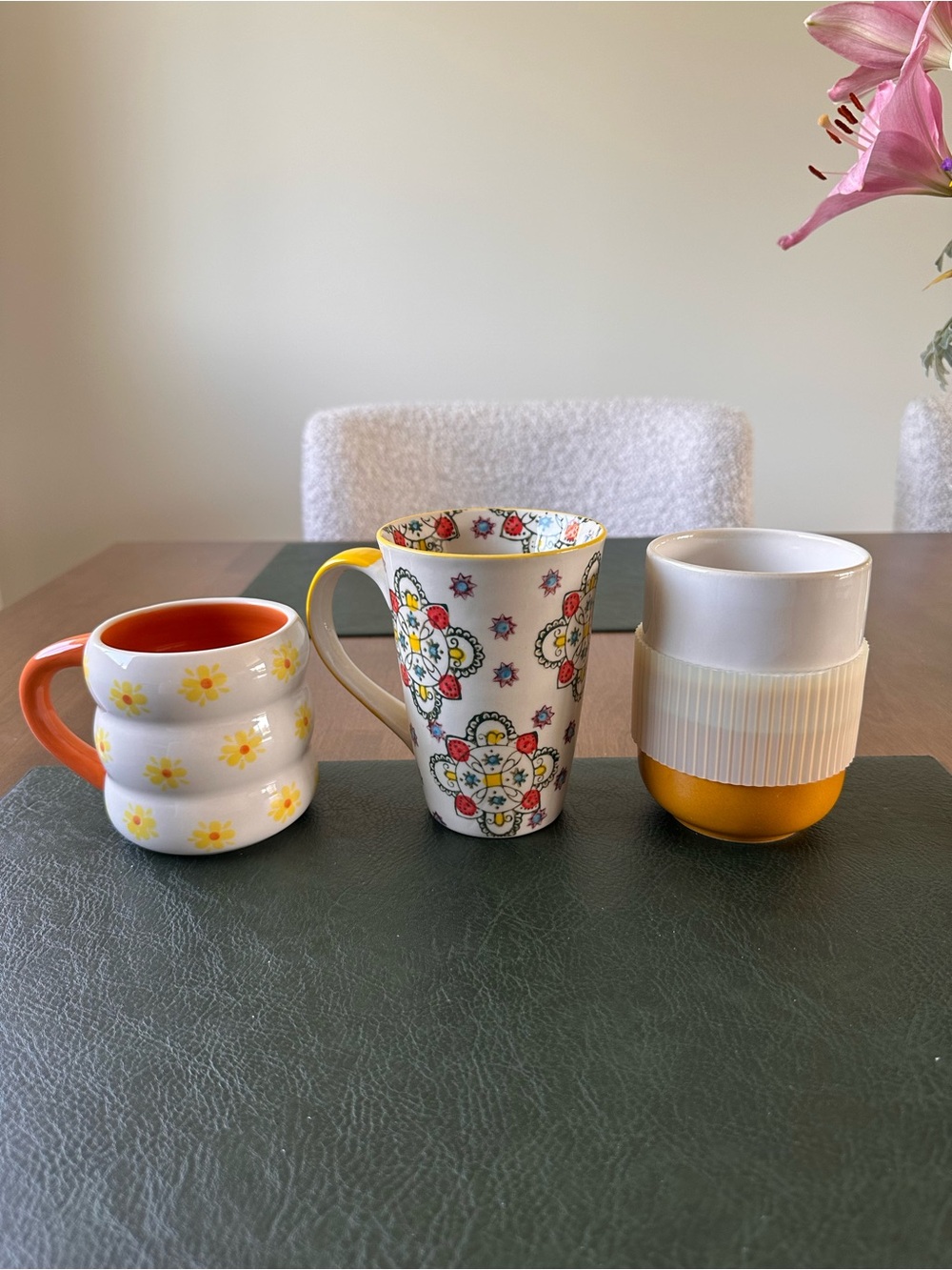 Assorted Yellow Accent Ceramic Mugs - Set of 3